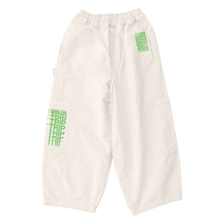 White pants with 'Free & Easy, Don't Trip' green text and logo on a white background