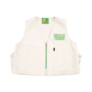 White vest with 'Free & Easy' green text and zipper on a white background