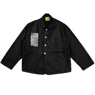 Black jacket with a white Free & Easy graphic on a white background