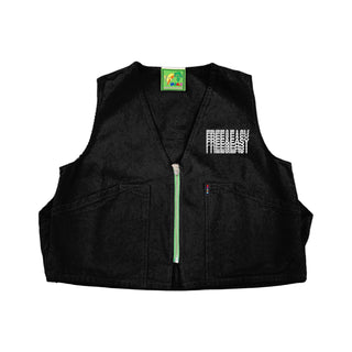 Black vest with Free & Easy text and a logo on a white background