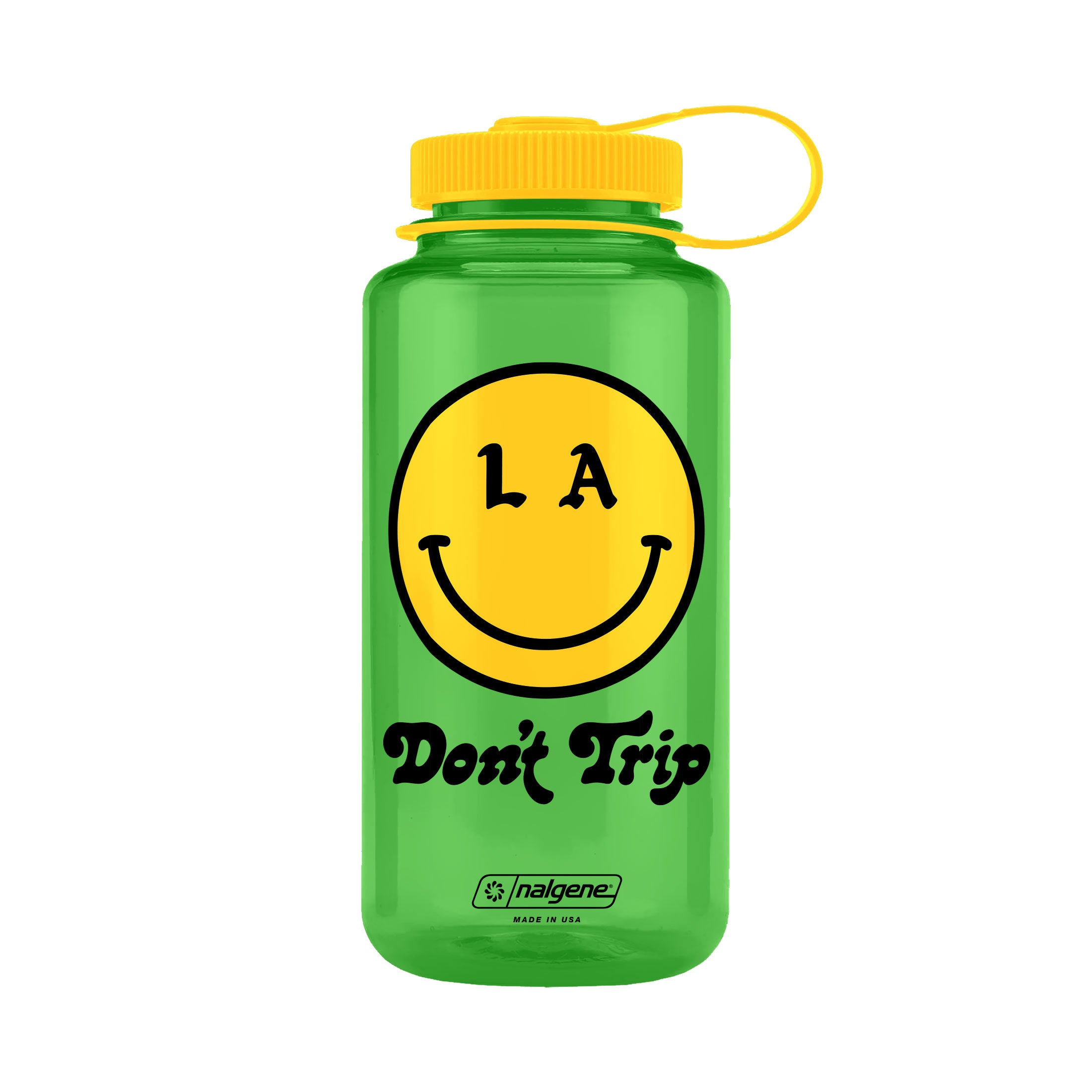 Be Happy 32oz Wide Mouth green Nalgene with yellow and black LA smiley face Don't Trip logo on white background - Free & Easy