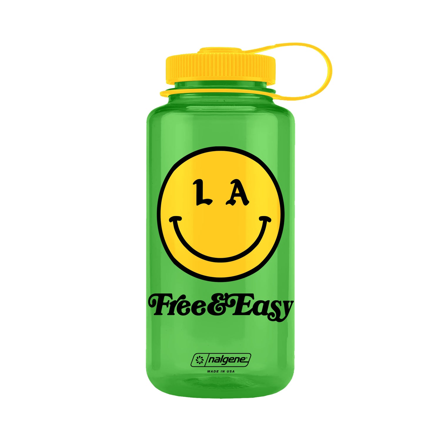 Be Happy 32oz Wide Mouth green Nalgene with yellow and black LA smiley face Free & Easy logo on white background - Free & Easy