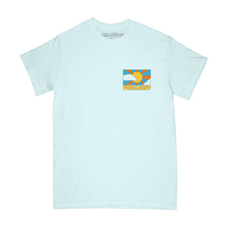 Free & Easy light blue tee shirt with a rainbow design on a white background