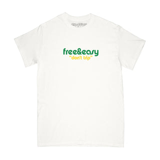 Free & Easy white tee shirt with a green and yellow design on a white
