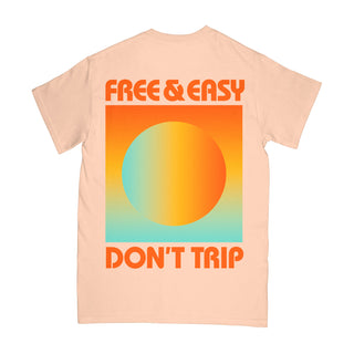 Free & Easy peach tee shirt with an orange, yellow, blue gradient design on a white background