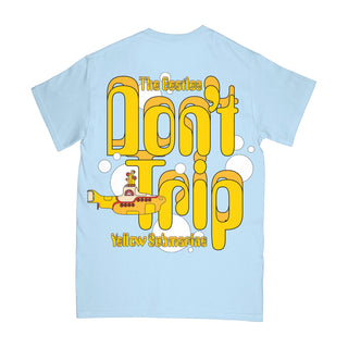 The back of a powder blue t-shirt featuring 'The Beatles Don't Trip' design with yellow text and a graphic of the Yellow Submarine.