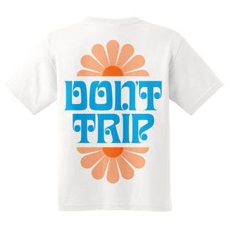 White t-shirt with 'DON'T TRIP' text and orange flower graphics on a white background