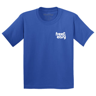 Blue t-shirt with 'free & easy' text on a white background