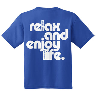 Blue t-shirt with 'Relax and enjoy life' white text on a white background