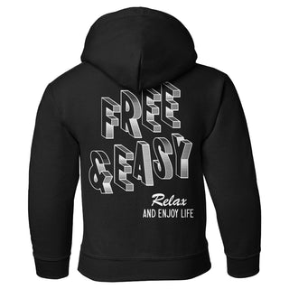 Black hoodie with 'Free & Easy Relax AND ENJOY LIFE' text on the back against a white background