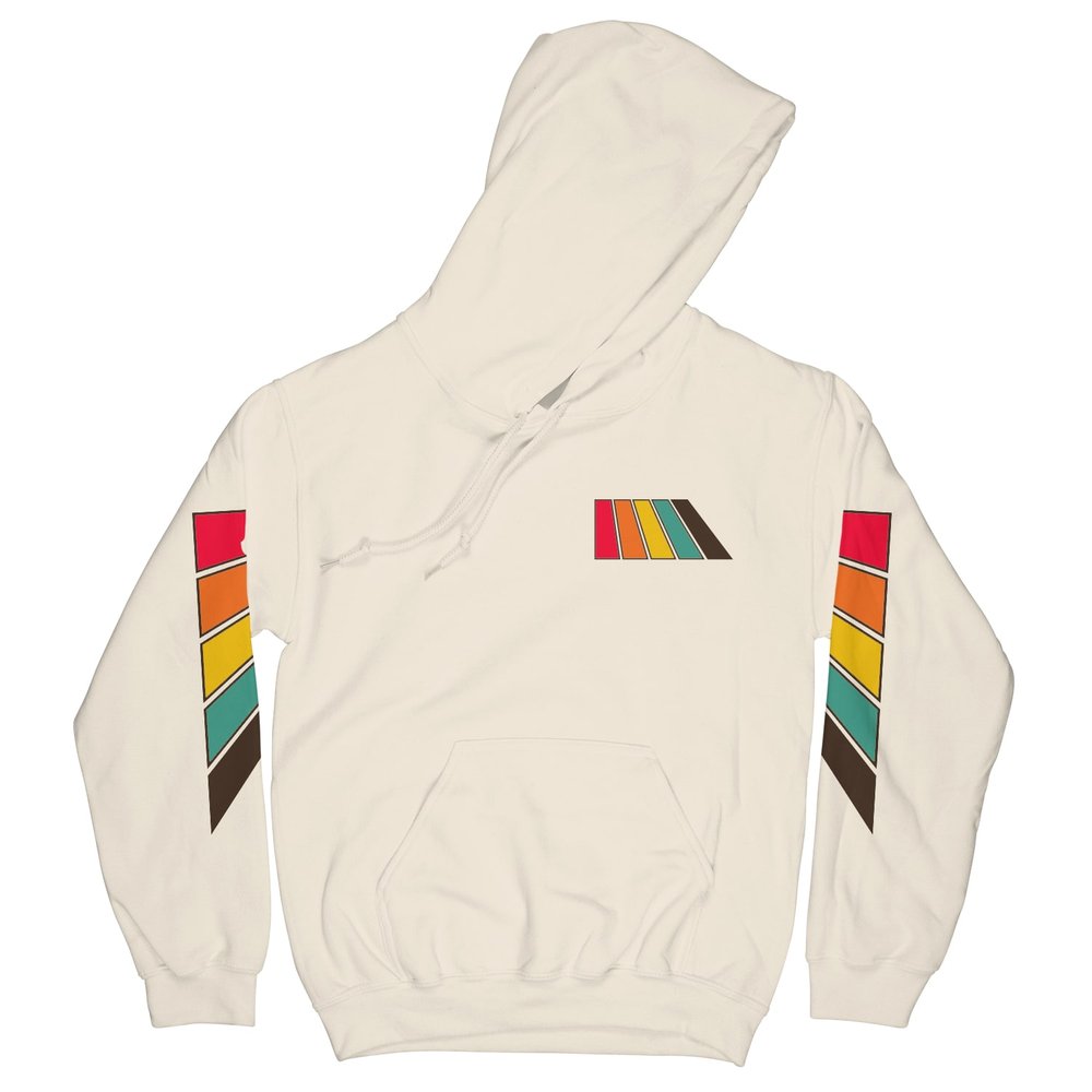 Natural Rainbow OG Hoodie in sand with rainbow design on front left chest and on sleeves on white background - Free & Easy