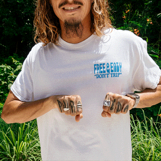 Free & Easy tee shirt with a blue design