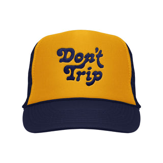 Don't Trip yellow foam trucker hat with navy mesh and brim, navy embroidered Don't Trip logo on white background, front - Free & Easy