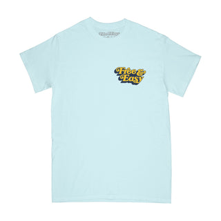 Be Happy LA SS Tee in light blue with a yellow and navy LA smiley face design on a white background -Free & Easy