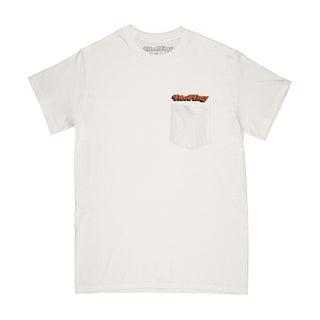Paradise Short Sleeve Pocket Tee in white with orange and black Free & Easy logo over the left pocket on front on a white background - Free & Easy