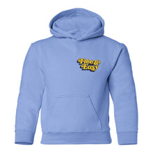 Load image into Gallery viewer, Be Happy Kids Hoodie in blue with yellow and navy Free &amp; Easy left chest print on front on white background - Free &amp; Easy
