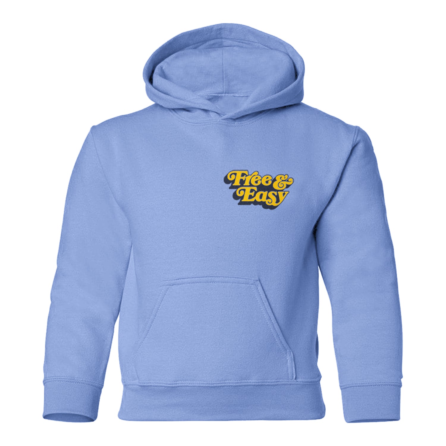 Be Happy Kids Hoodie in blue with yellow and navy Free & Easy left chest print on front on white background - Free & Easy