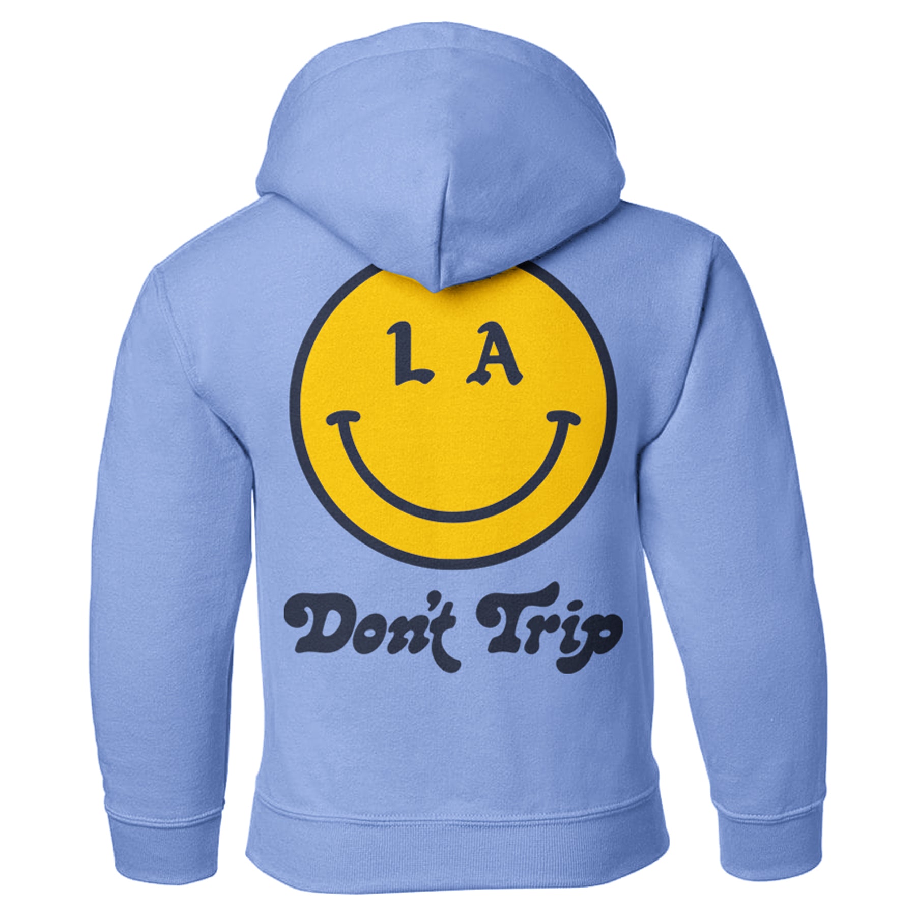 Be Happy Kids Hoodie in blue with yellow and navy LA smiley face Don't Trip design on back on white background - Free & Easy
