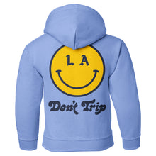 Load image into Gallery viewer, Be Happy Kids Hoodie in blue with yellow and navy LA smiley face Don&#39;t Trip design on back on white background - Free &amp; Easy
