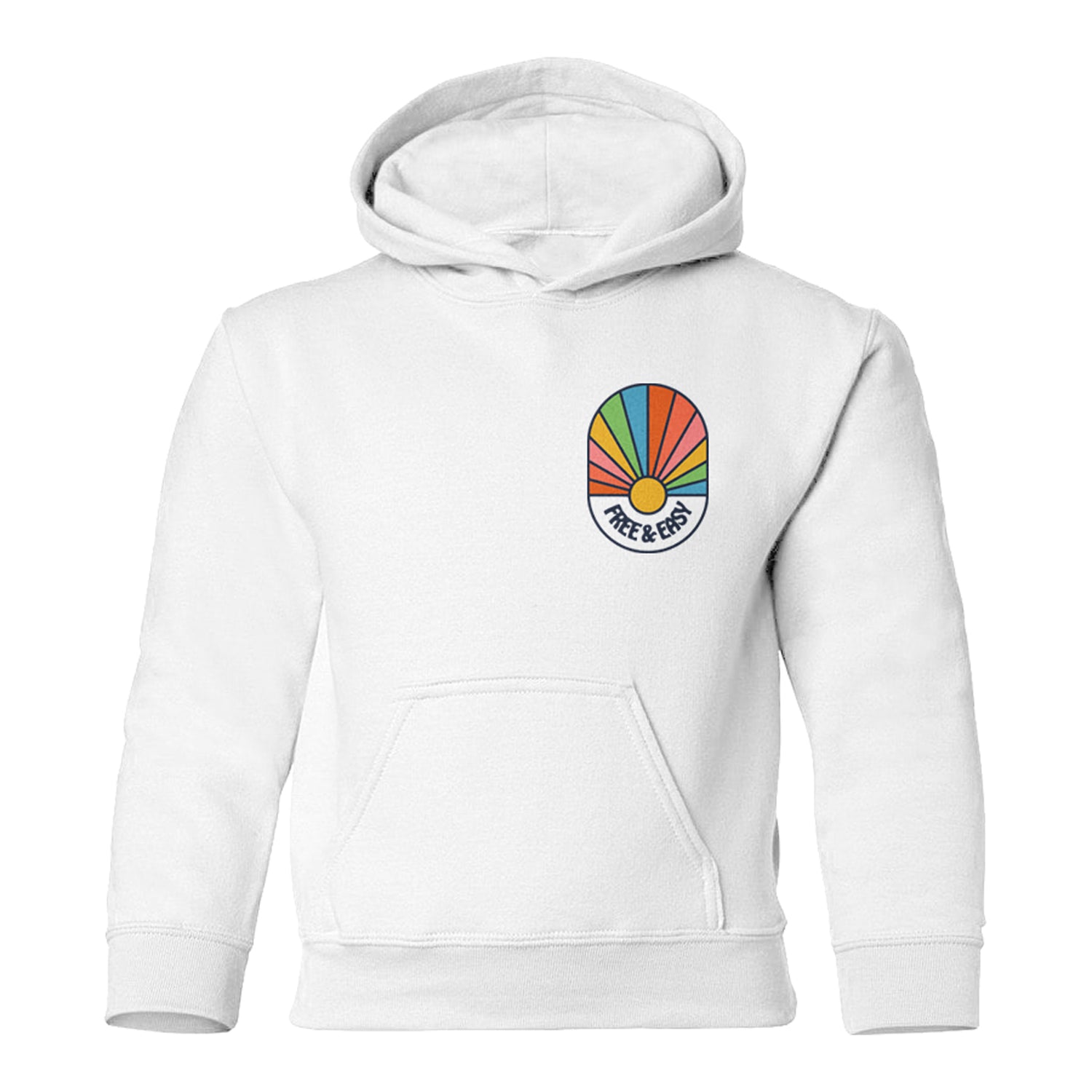 Spectrum Kids Hoodie in white with Free & Easy rainbow spectrum on front left chest on white background - Free & Easy