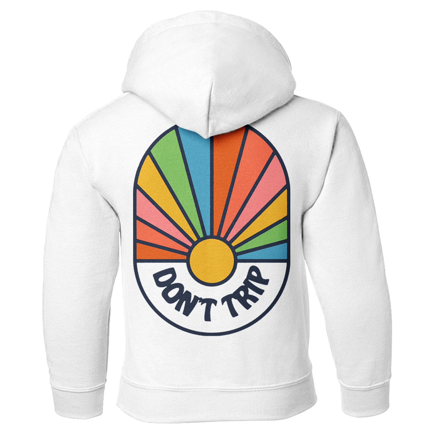 Spectrum Kids Hoodie in white with Don't Trip rainbow spectrum on back on white background - Free & Easy