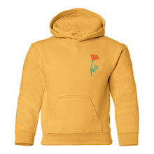 Load image into Gallery viewer, Poppy Kids Hoodie in yellow with teal and orange poppy design on front left chest on a white background - Free &amp; Easy
