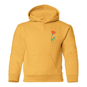 Poppy Kids Hoodie in yellow with teal and orange poppy design on front left chest on a white background - Free & Easy