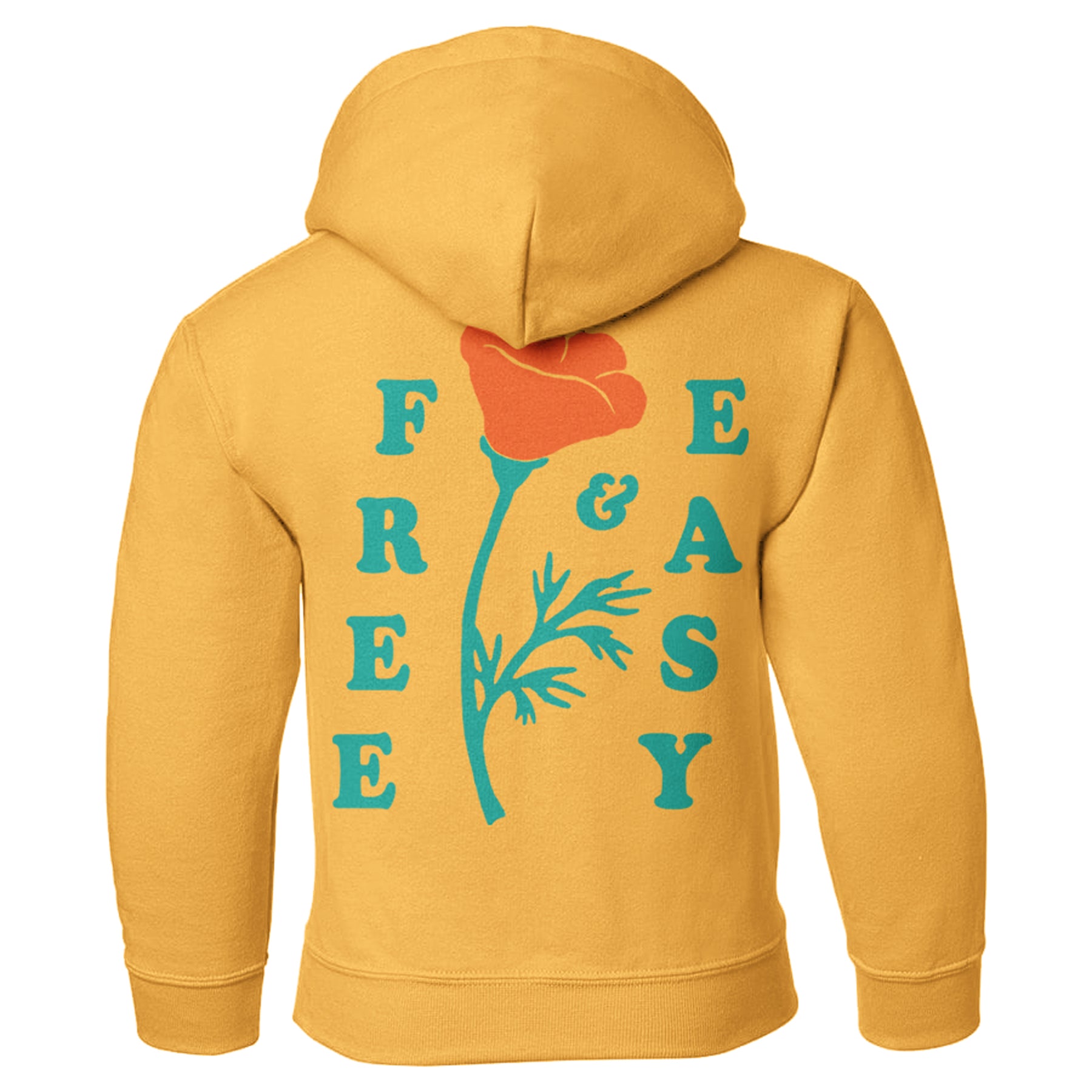 Poppy Kids Hoodie in yellow with teal and orange Free & Easy poppy design on back on a white background - Free & Easy