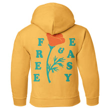Load image into Gallery viewer, Poppy Kids Hoodie in yellow with teal and orange Free &amp; Easy poppy design on back on a white background - Free &amp; Easy
