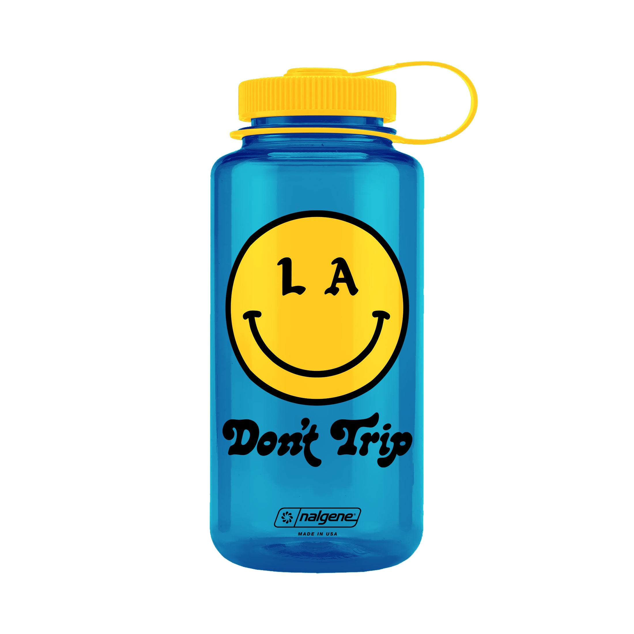 Be Happy 32oz Wide Mouth blue Nalgene with yellow and black LA smiley face Don't Trip logo on white background - Free & Easy