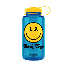 Load image into Gallery viewer, Be Happy 32oz Wide Mouth blue Nalgene with yellow and black LA smiley face Don&#39;t Trip logo on white background - Free &amp; Easy
