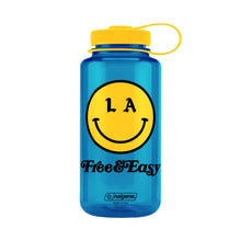 Load image into Gallery viewer, Be Happy 32oz Wide Mouth blue Nalgene with yellow and black LA smiley face Free &amp; Easy logo on white background - Free &amp; Easy
