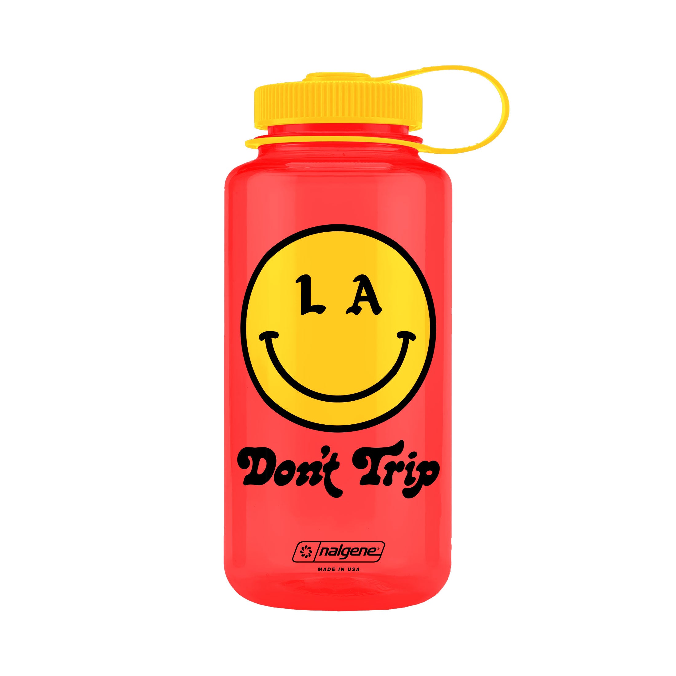Be Happy 32oz Wide Mouth red Nalgene with yellow and black LA smiley face Don't Trip logo on white background- Free & Easy