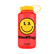 Load image into Gallery viewer, Be Happy 32oz Wide Mouth red Nalgene with yellow and black LA smiley face Free &amp; Easy logo on white background - Free &amp; Easy
