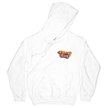 Load image into Gallery viewer, Don&#39;t Trip OG Hoodie in white with yellow and purple Free &amp; Easy logo design on front left side on a white background - Free &amp; Easy
