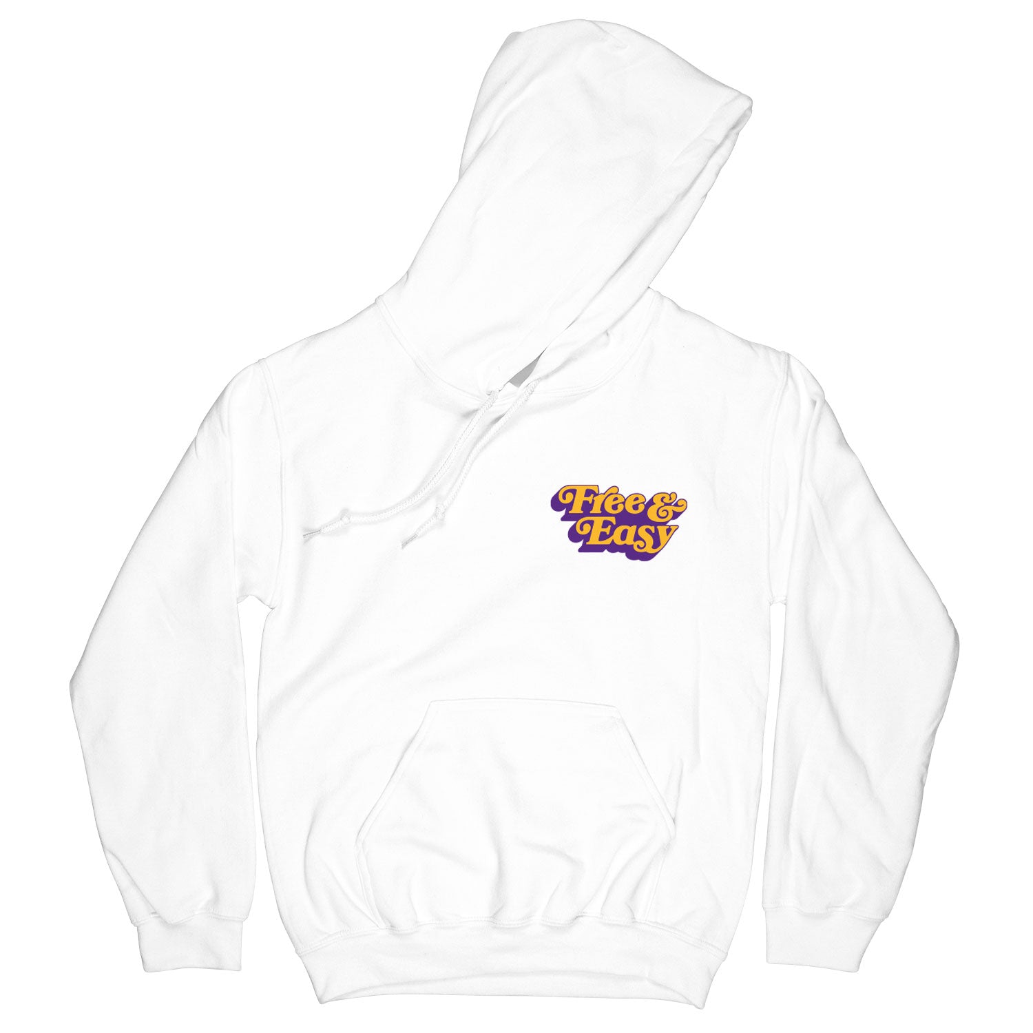 Don't Trip OG Hoodie in white with yellow and purple Free & Easy logo design on front left side on a white background - Free & Easy