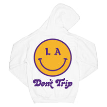 Load image into Gallery viewer, Don&#39;t Trip OG Hoodie in white with yellow and purple LA smiley face Don&#39;t Trip design on back on a white background - Free &amp; Easy

