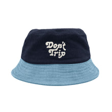 Load image into Gallery viewer, Free &amp; Easy Don&#39;t Trip navy and blue corduroy bucket hat with white embroidered Don&#39;t Trip logo on white background, front - Free &amp; Easy
