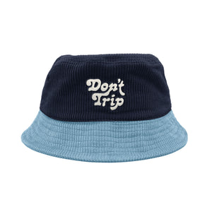Free & Easy Don't Trip navy and blue corduroy bucket hat with white embroidered Don't Trip logo on white background, front - Free & Easy