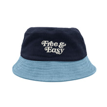 Load image into Gallery viewer, Free &amp; Easy Don&#39;t Trip navy and blue corduroy bucket hat with white embroidered Free &amp; Easy logo on white background, back - Free &amp; Easy
