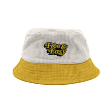 Load image into Gallery viewer, Free &amp; Easy embroidered on white corduroy yellow brim bucket hat with yellow and black logo on white background, back - Free &amp; Easy
