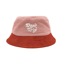 Load image into Gallery viewer, Free &amp; Easy Don&#39;t Trip pink and red corduroy bucket hat with white embroidered Don&#39;t Trip logo on white background, front - Free &amp; Easy
