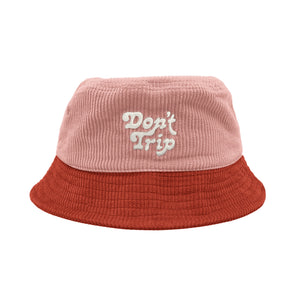 Free & Easy Don't Trip pink and red corduroy bucket hat with white embroidered Don't Trip logo on white background, front - Free & Easy