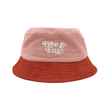 Load image into Gallery viewer, Free &amp; Easy Don&#39;t Trip pink and red corduroy bucket hat with white embroidered Free &amp; Easy logo on white background, back - Free &amp; Easy
