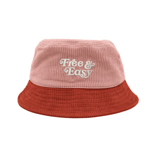 Free & Easy Don't Trip pink and red corduroy bucket hat with white embroidered Free & Easy logo on white background, back - Free & Easy