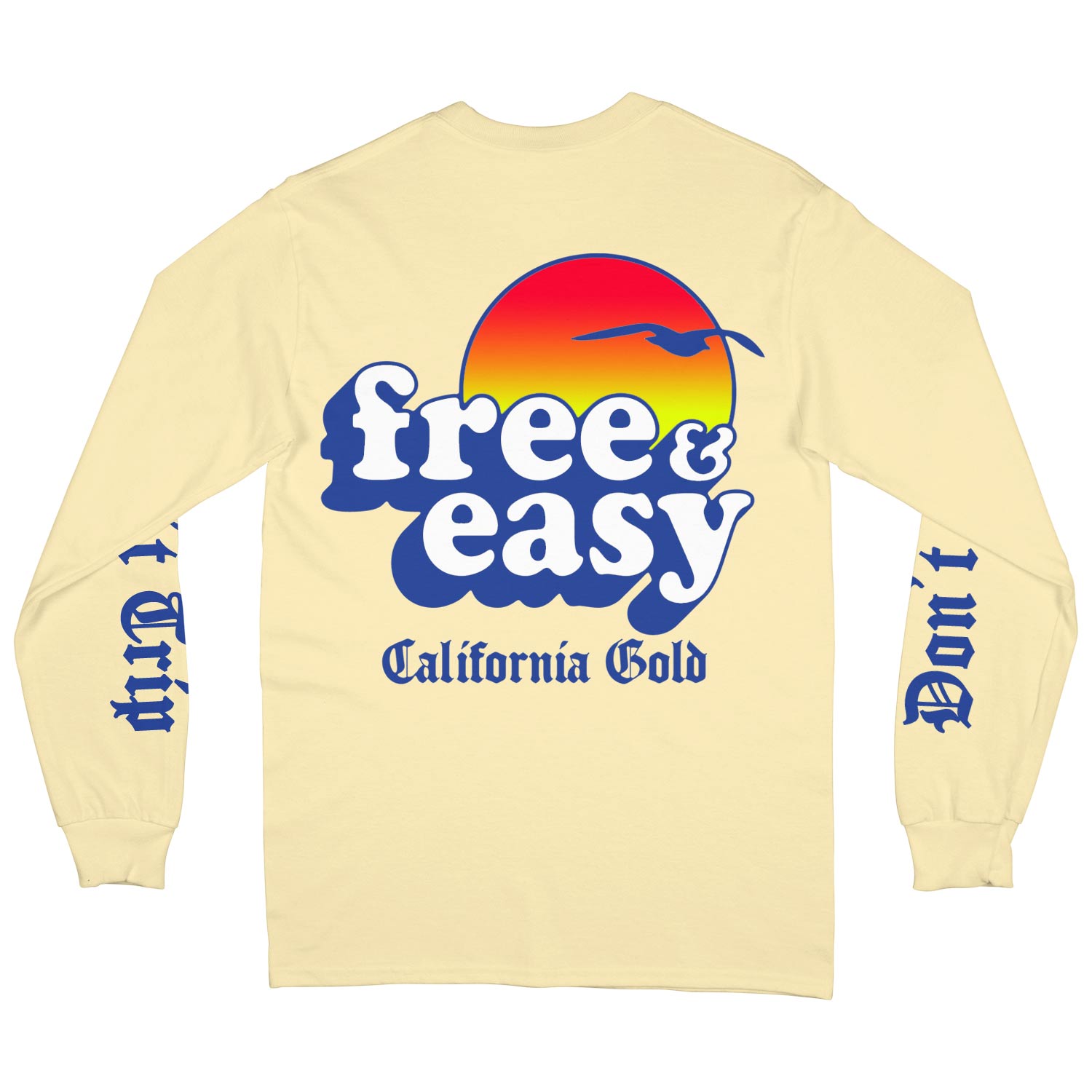 Baja Sun Long Sleeve Tee in light yellow with white navy and orange Free & Easy California Gold sun bird design on a white background, back - Free & Easy