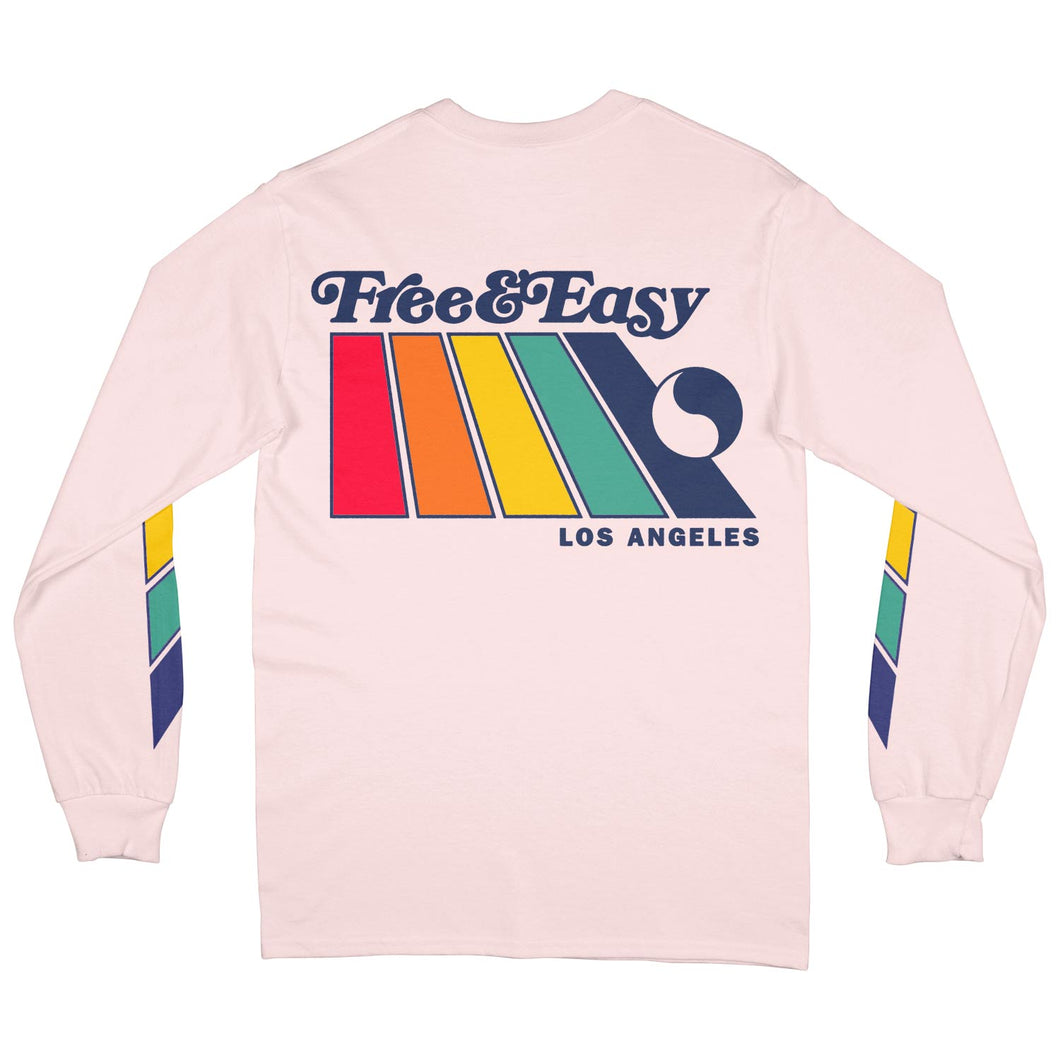 Natural Rainbow long sleeve tee in light pink with multicolor graphic on a white background -Free & Easy