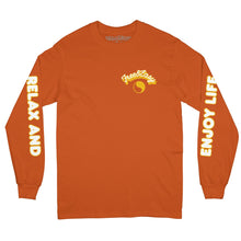 Load image into Gallery viewer, Neon Long Sleeve Tee in orange with a white and gold design on a white background - Free &amp; Easy
