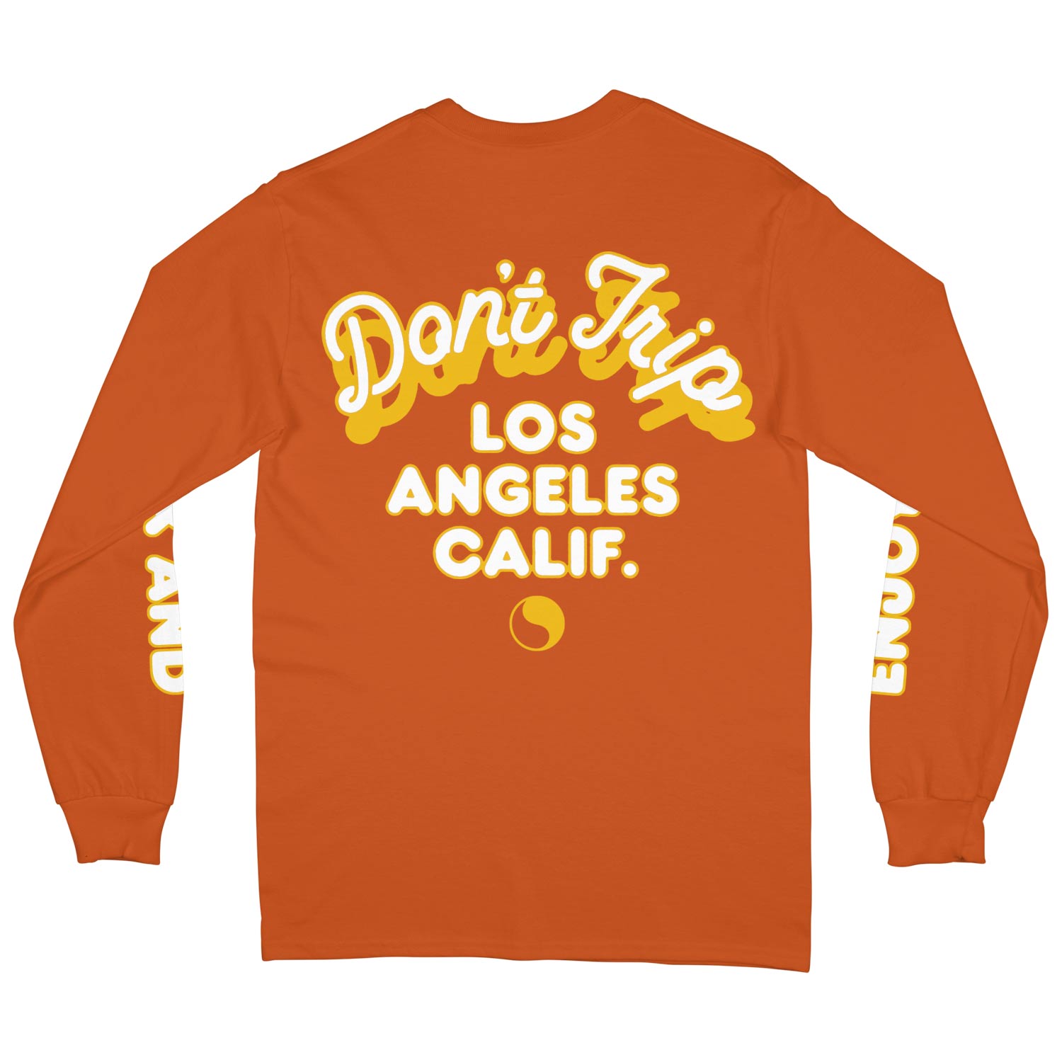 Neon Long Sleeve Tee in orange with a white and gold design on a white background - Free & Easy