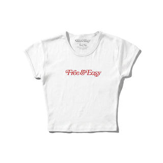 White t-shirt with 'Free & Easy' text on a white background